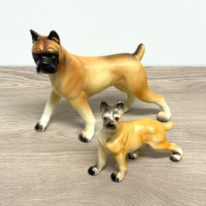 Vintage Boxer Dog and Puppy Porcelain Figurine Set Made In Japan Mid Century